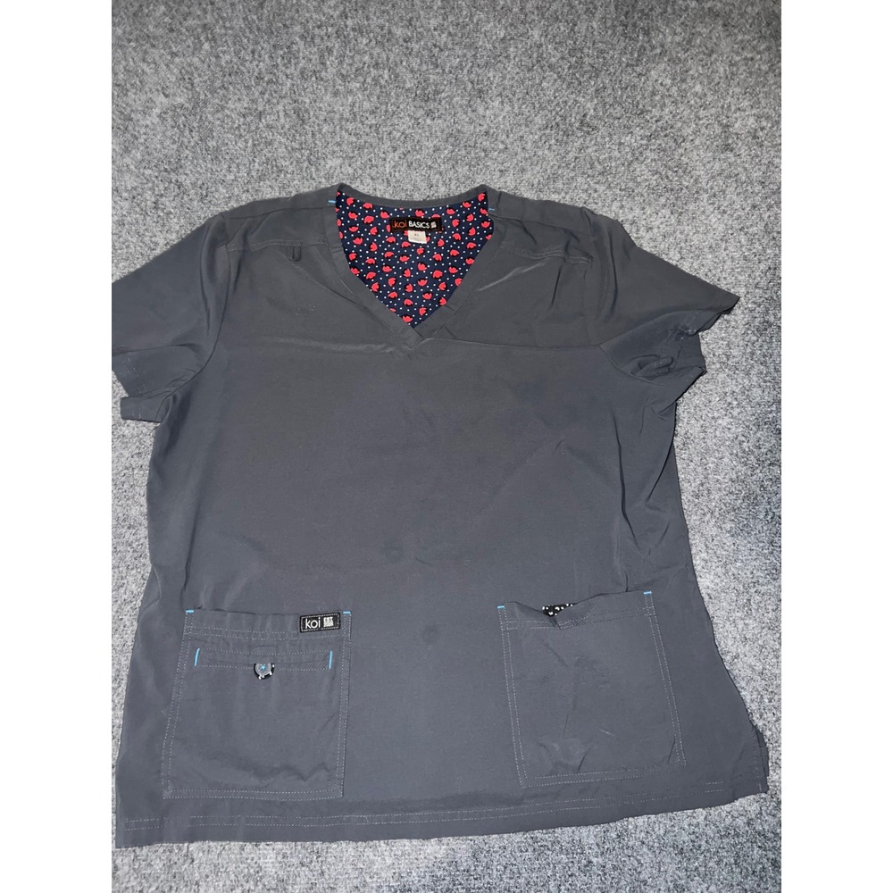 koi BASICS Women XL Charcoal Gray V-Neck Scrub Top Floral Trim Pockets 373